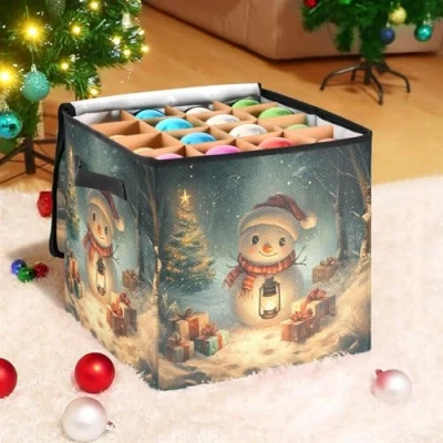 Image of Ewusp Snowman Christmas Bauble Storage Box Ornament with Zipper and Adjustable Dividers Xmas Ornaments Organizer Holds 64 Holiday Decoration