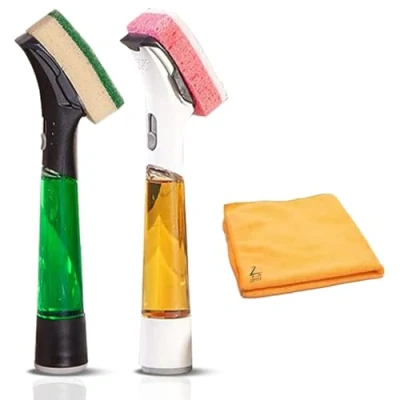 Image of Zopper 2 x I Stand Washing up Brush With Handle, Sponge Refills and Microfiber Cloth Comes Extra Features (Color May Vary)