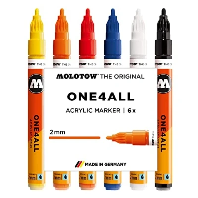 Image of Molotow One4All 127HS Acryl Marker Basic Set 1 (2,0 mm Strichstärke, hochdeckend und permanent, UV beständig, für fast alle Untergründe) 6 Stück sortiert