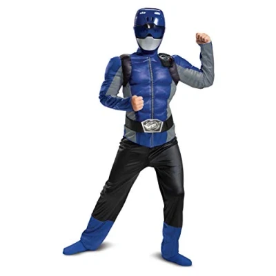 Image of DISGUISE Official Blue Power Rangers Costume Kids, Muscle Fancy Dress Up Outfit for Children Costumes Boys S