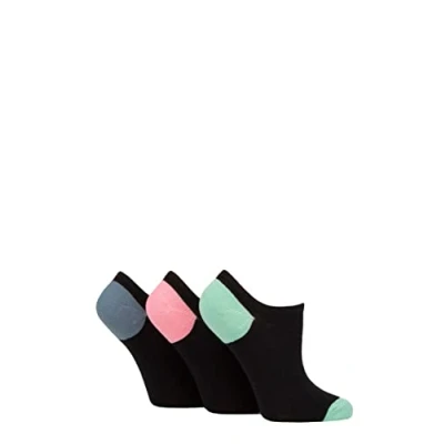Image of Women&#039;s 3 Pair Pringle Plain and Patterned Cotton Trainer Socks Black Mint / Pink Denim Heel &amp; Toe 4 8 Ladies