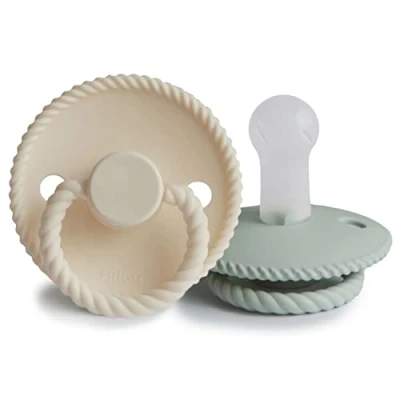 Image of FRIGG Rope Silicone Pacifier Pack of 2 Soother Dummy BPA Free Made in Denmark Symmetrical Cherry Shaped Nipple (Cream/Sage (6 18 Months))