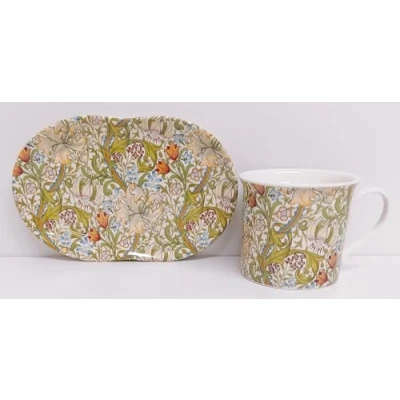 Image of William Morris Golden Lily TV Tray Bone China Art Nouveau Seamless Lilies Floral Mug 250 ml 8 fl oz and Hand Decorated UK