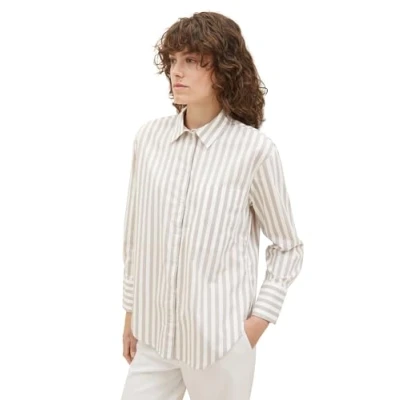 Image of TOM TAILOR Women&#039;s 1034784 Stretch poplin Blouse with Chest Pocket, 32470 Grey Offwhite Vertical Stripe, 16