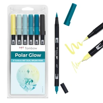 Image of Tombow ABT Dual Brush Pen, Polar Glow, Pen with Two Tips, Perfect for Hand Lettering and Bullet Journal, Water soluble, Set of 6 [ABT 6P POLAR]