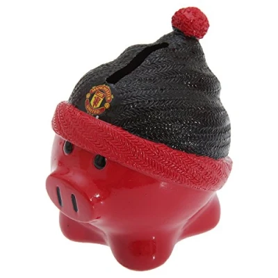 Image of Manchester United FC Official Ceramic Football Beanie Hat Piggy Bank (One Size) (Red/Black)
