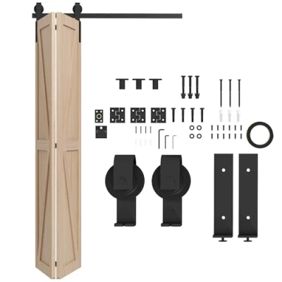 Image of HOMCOM 4FT/122CM Bi Folding Sliding Barn Door Hardware Track Kit, Heavy Duty Kit for 2 Doors with J Shape Hanger