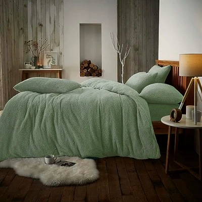 Image of GC GAVENO CAVAILIA Fleece Duvet Cover Set Single Fluffy Bedding with Pillowcases Sage Green