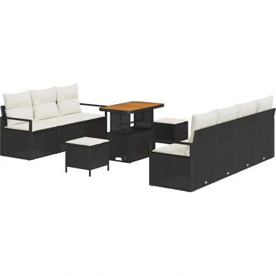 Image of vidaXL 10 Piece Garden Sofa Set with Cushions Black Poly Rattan Acacia