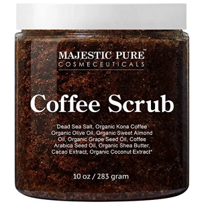 Image of Majestic Pure Arabica Coffee Scrub All Natural Body for Skin Care, Stretch Marks, Acne &amp; Cellulite, Reduce the Look of Spider Veins, Eczema, Age Spots Varicose Veins 10 Ounces
