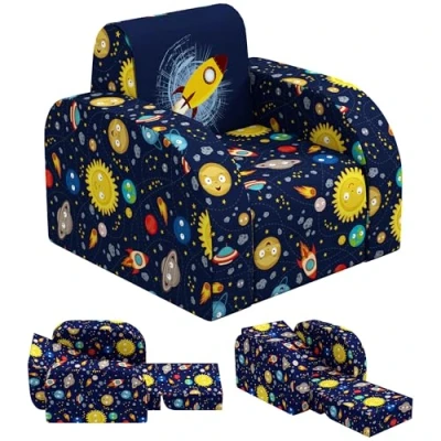 Image of AIYAPLAY Kids Armchair, 2 in 1 Foldable Toddler Chair, Soft Snuggle Sponge Filled Recliner, for Bedroom Playroom Living Room, Boys &amp; Girls 18 Months to 3 Years Dark Blue