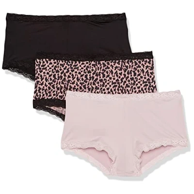 Image of Maidenform Women&#039;s Underwear, Microfiber with Lace Boyshort Panties, One Fab Fit, 3 Pack Boy Short, Black/Gloss/Zippy Animal Print, M (Pack of 3)