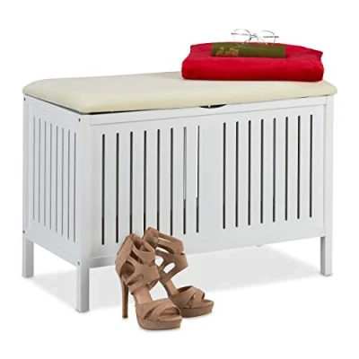 Image of Relaxdays Wooden Bench with Storage, Padded Seat, 80 l Compartment, Country Style, Wood, Chest HxWxD: 56 x 78 39 cm, White