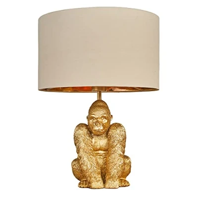 Image of MiniSun Modern Gold Sitting Gorilla Design Table Lamp with a Beige/Gold Cylinder Shade Complete 4w LED Golfball Bulb [3000K Warm White]