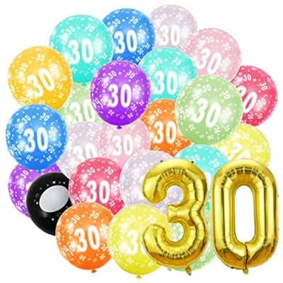 Image of 30th Birthday Balloons,Gold Number 30 Balloon and 20pcs 12&quot; Multicoloured Numbers Printed Latex Age Balloons,Birthday Balloons for Women Men Decorations,30th Anniversary Party Supplies