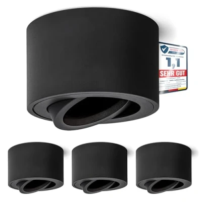 Image of linovum SMOL Surface Mounted Spotlights Extra Flat Pivoting in Black Matt and Round Ceiling Light with Diameter 80 mm for LED Modules Pack of 4