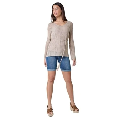 Image of Roman Womens Pointelle Tassel Detail V Neck Knit Top Beige Denim Size 20 UK