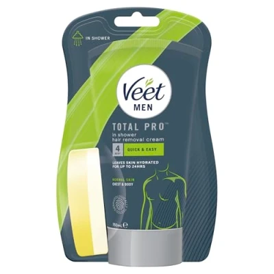 Image of Veet Hair Removal Cream For Men, 150ml + 1 Sponge, Shower Cream, Mens Quick And Effective Removal, Hydrating, Dermatoligically Tested