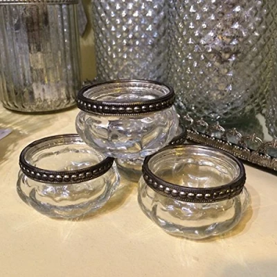 Image of 4 Glass Tea Light Votive Set Of Candle Holders Wedding Table Decorations Centrepiece Settings Vintage Silver Metal Clear Pumpkin Tealight Holder Antique Style