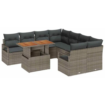 Image of vidaXL 9 Piece Garden Sofa Set with Cushions Grey Poly Rattan