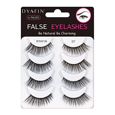 Image of DYAFIN Natural Eyelashes 100% Handmade Lashes Reusable Soft False Lightweight Eye with Clear Band 3D Fake Long Wispy C Curl 4 Pairs