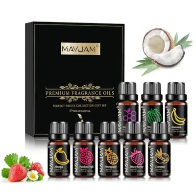 Image of MAYJAM Fruity Fragrance Essential Oils Set 8 x 10ML, Fruits Scented for Diffuser Candle Making Mango, Passion Fruit, Strawberry, Watermelon, Coconut, Pineapple, Banana, Grape