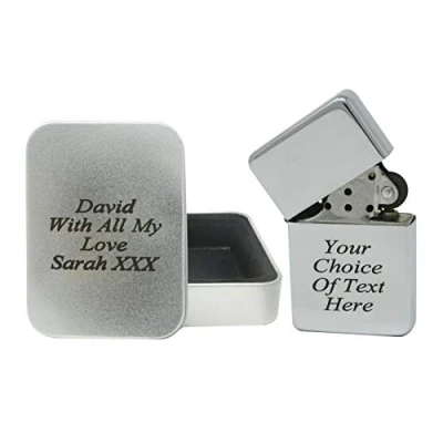 Image of JK Personalised Engraved Gift Lighter Anniversary Birthday Present &amp; Tin (Silver/Chrome)