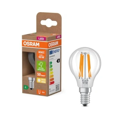 Image of Osram Energy Class Mini Buclassic, 3.8 W/806 lm, EEK A, Warm White Light (2700 K), CRI 80, Clear Lead Free Glass, E14 Base, IP20, Diameter 45 mm.