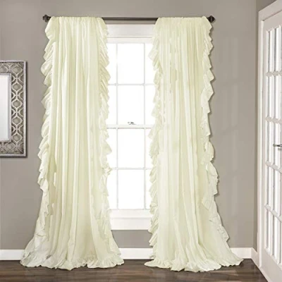 Image of Lush Decor Reyna Ruffle Window Curtain Panel Set for Living, Dining, Bedroom (Pair), 54&quot; W x 108&quot; L, Ivory