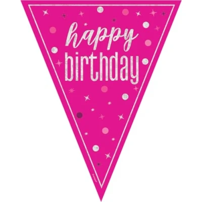 Image of Unique 82003 Happy Bunting 2.74 m Glitz Pink Birthday Party 1 Count (Pack of 1), Multicolour