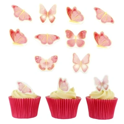 Image of Culpitt Pink Butterflies Birthday Sugar Decorations 32 Edible Cupcake Toppers Printed Fondant Paste Cake Pack