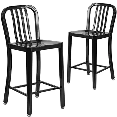 Image of Flash Furniture Commercial Grade 2 Pack 24&quot; High Black Metal Indoor Outdoor Counter Height Stool with Vertical Slat Back