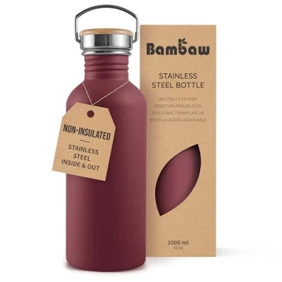 Image of Bambaw Stainless Steel Water Bottle 1l, Red Bottle, Non Insulated Metal BPA Free Leak Proof Reusable Berry