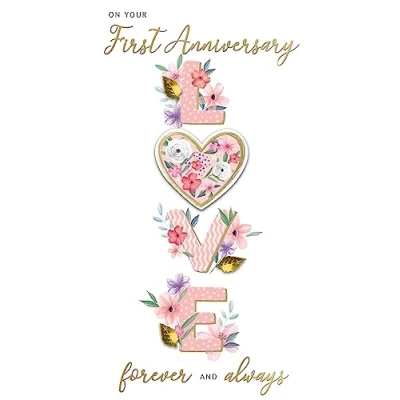 Image of LOVE On Your First 1st Anniversary Card Embellished Champagne Greeting JGS675