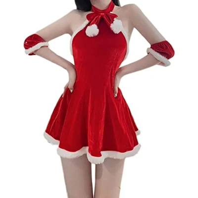 Image of Unibaby Women&#039;s Mrs. Claus Santa Costume Adult Costumes Red Velvet Christmas Halter Backless Fancy Dress Lady Cosplay Outfit (Red, One Size)