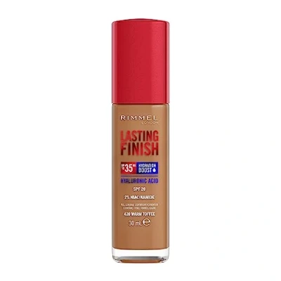 Image of Rimmel Lasting Finish 35Hr Foundation 420 Warm Toffee, Full Coverage, Hydrating, SPF20, Hyaluronic Acid, Vitamin E, 2% Niacinamide, All Day Wear, Vegan, Cruelty Free