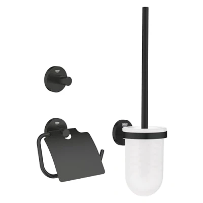 Image of GROHE Start QuickFix 3 in 1 Toilet Accessories Set (Toilet Roll Holder with Cover, Brush, Robe Hook), Extra Easy to Fit QuickGlue, Matt Black, 412042430