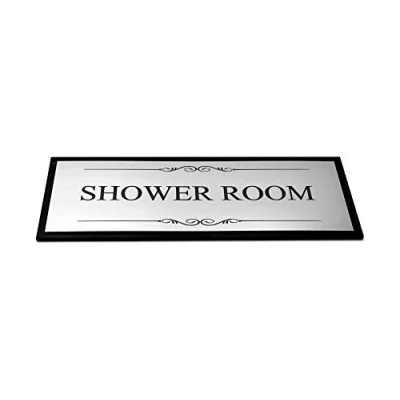 Image of OriginDesigned Shower Room Door Sign, adhesive Plaque, Stylish Metallic Silver and Black Acrylic (Size 19.5cm x 7.6cm) supplied with strips