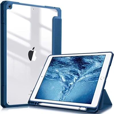 Image of FINTIE Hybrid Case Compatible with iPad 9th / 8th 7th Generation (2021/2020/2019 Release) 10.2 inch Shockproof Cover Clear Back Shell w/Pencil Holder, Auto Wake/Sleep, Marine Blue