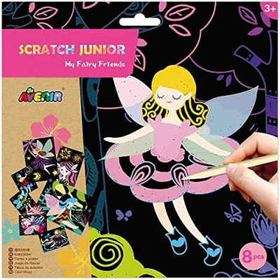 Image of Avenir CH1676 Junior Friends Special Black Paper to Create Magical Fairy Designs 8 foil Boards and Scratch Pen Kids Ages 3+, Multi Colour
