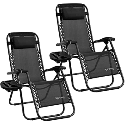 Image of Rainberg Zero Gravity Lounger Chair, Outdoor &amp; Garden Sunloungers, Folding Reclining Patio Cup Holder, Soft Cushion and Headrest for Poolside, Camping, Coffee (Pack of 2 Chairs)