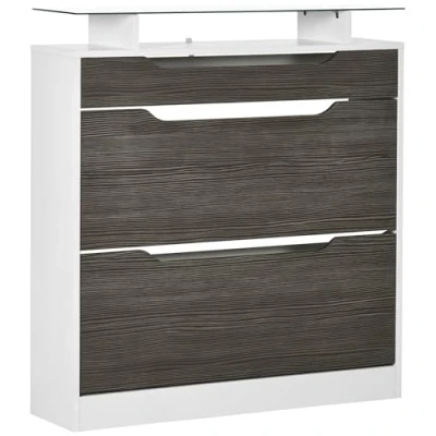 Image of HOMCOM Shoe Storage Cabinet, Cupboard with Slide Out Drawer, 2 Flip Doors, Tempered Glass Top and Adjustable Shelves for 16 Pairs of Shoes, Grey