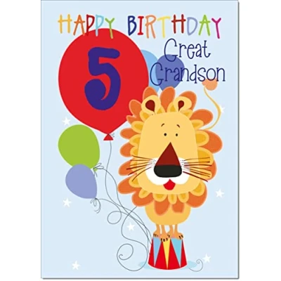 Image of doodlecards Great Grandson 5th Birthday Card Age 5 Circus Lion Medium Size with Plain Envelope