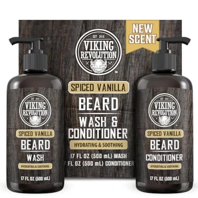 Image of Viking Revolution Beard Shampoo And Conditioner Natural Wash &amp; With Argan Jojoba Oils Softens Strengthens Gifts For Men Spiced Vanilla 2 x 500 ml