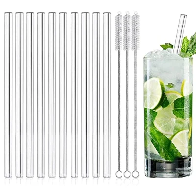 Image of 10 x Glass Drinking Straws Straight Handmade Reusable Clear Set with 3 Brushes Healthy Eco Friendly Free of BPA (Transparent, Straight)