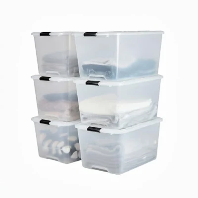 Image of Iris Ohyama Plastic Storage Boxes with Lids, 45L, Set of 6, Clear, Latching Buckles Handles, Stackable, Wing lid, Strong &amp; Durable, For Closet, Garage, Home, Office, Organising Tote Bins, TBH 45