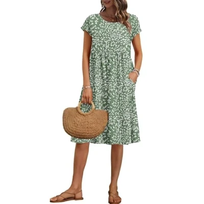 Image of AUSELILY Women&#039;s Summer Short Sleeve Knee Length Dresses Round Neck Loose Dress with Pockets Olive Green Leaf S