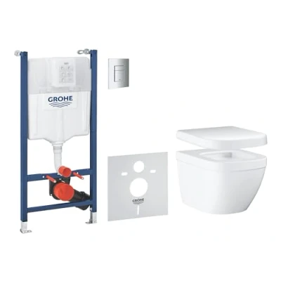 Image of GROHE Solido Euro Ceramic 5 in 1 Box Solution (White Wall Hung Toilet with Soft Close Seat, Chrome Flush Plate, WC Frame 1.13 m, Sound Insulation, 2 Brackets), Ready to Install, 39890000