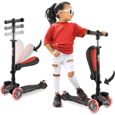 Image of 10 Wheeled Scooter for Kids Stand &amp; Cruise Child/Toddlers Toy Folding Kick Scooters w/Adjustable Height, Anti Slip Deck, Flashing Wheel Lights, Boys/Girls 2 12 Year Old Hurtle