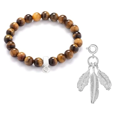 Image of Philip Jones Tiger&#039;s Eye Gemstone Bracelet with Feathers Charm